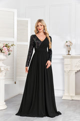 Navy Blue Multicolor Sequin Long Sleeve A‑Line Evening Gown