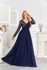Navy Blue Multicolor Sequin Long Sleeve A‑Line Evening Gown