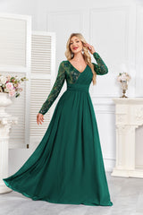 Navy Blue Multicolor Sequin Long Sleeve A‑Line Evening Gown