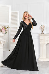 Navy Blue Multicolor Sequin Long Sleeve A‑Line Evening Gown