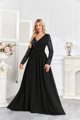 Navy Blue Multicolor Sequin Long Sleeve A‑Line Evening Gown