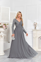 Navy Blue Multicolor Sequin Long Sleeve A‑Line Evening Gown