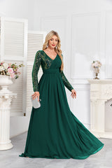 Navy Blue Multicolor Sequin Long Sleeve A‑Line Evening Gown