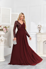 Navy Blue Multicolor Sequin Long Sleeve A‑Line Evening Gown