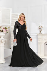 Navy Blue Multicolor Sequin Long Sleeve A‑Line Evening Gown