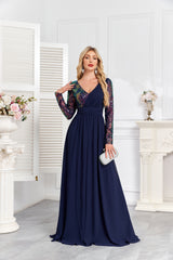 Navy Blue Multicolor Sequin Long Sleeve A‑Line Evening Gown