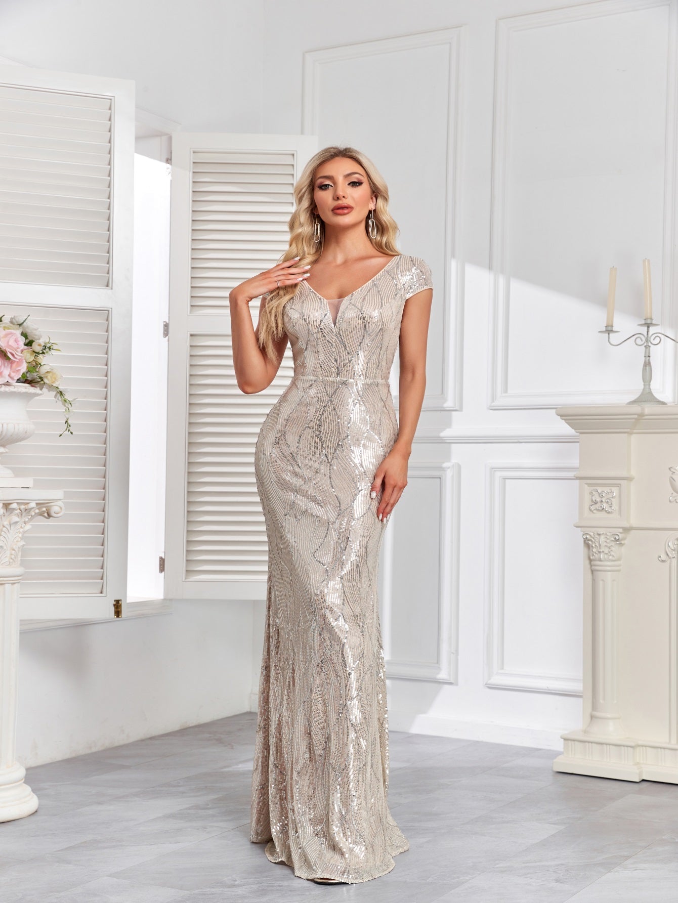 Embroidered Sequin Gown with Double V-Neck and Cap Sleeves | XUIBOL