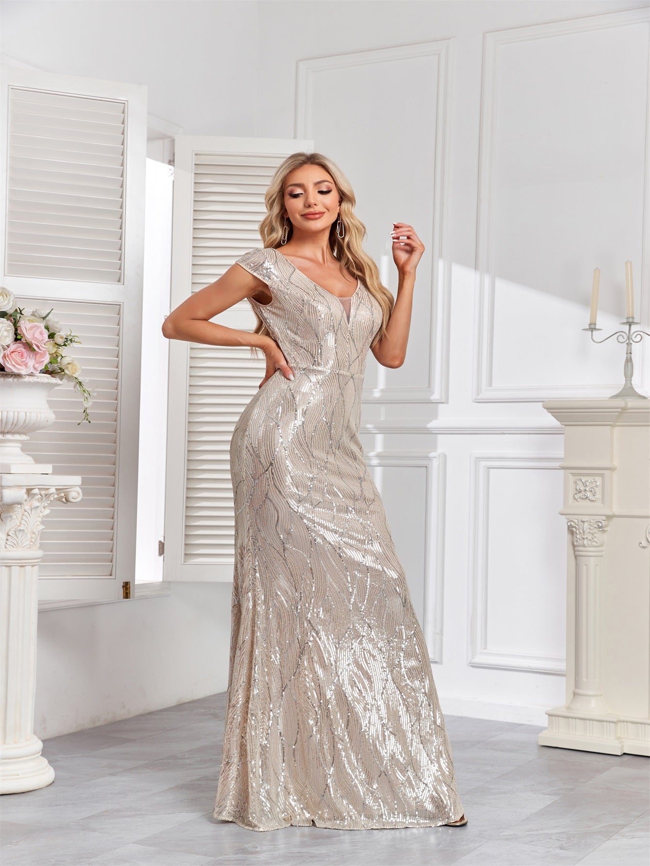 Embroidered Sequin Gown with Double V-Neck and Cap Sleeves | XUIBOL