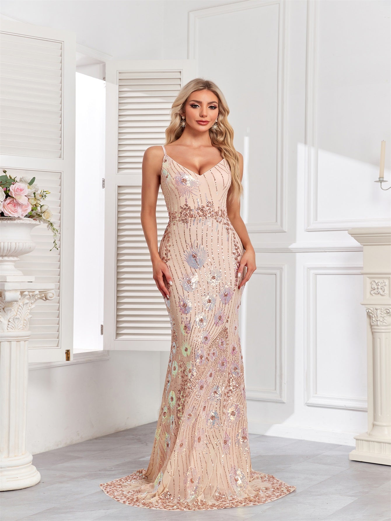 Sequined Maxi Cami Dress, V Neck Slim Gown Dress For Bridesmaid, Cocktail Party, Women's Clothing | XUIBOL
