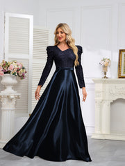 Dark Blue Satin Sequin Maxi Dress