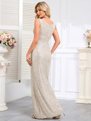 Rose Gold Sequin-Covered Sleeveless Deep-V Mermaid Gown