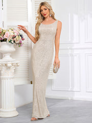 Rose Gold Sequin-Covered Sleeveless Deep-V Mermaid Gown