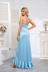 Light Blue Satin Wrap-Style V-Neck Bridesmaid Dress with Spaghetti Straps