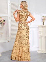 Champagne-Colored Sleeveless Sequined High-Low Gown