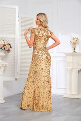 Champagne-Colored Sleeveless Sequined High-Low Gown