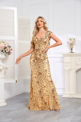 Champagne-Colored Sleeveless Sequined High-Low Gown