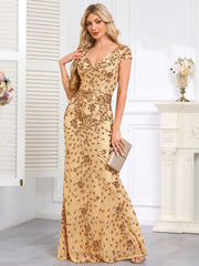 Champagne-Colored Sleeveless Sequined High-Low Gown