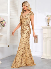 Champagne-Colored Sleeveless Sequined High-Low Gown