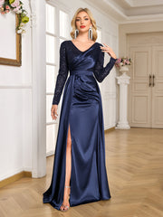 Navy Blue Sequin Long Sleeve Wrap V Neck High Slit Satin Evening Gown
