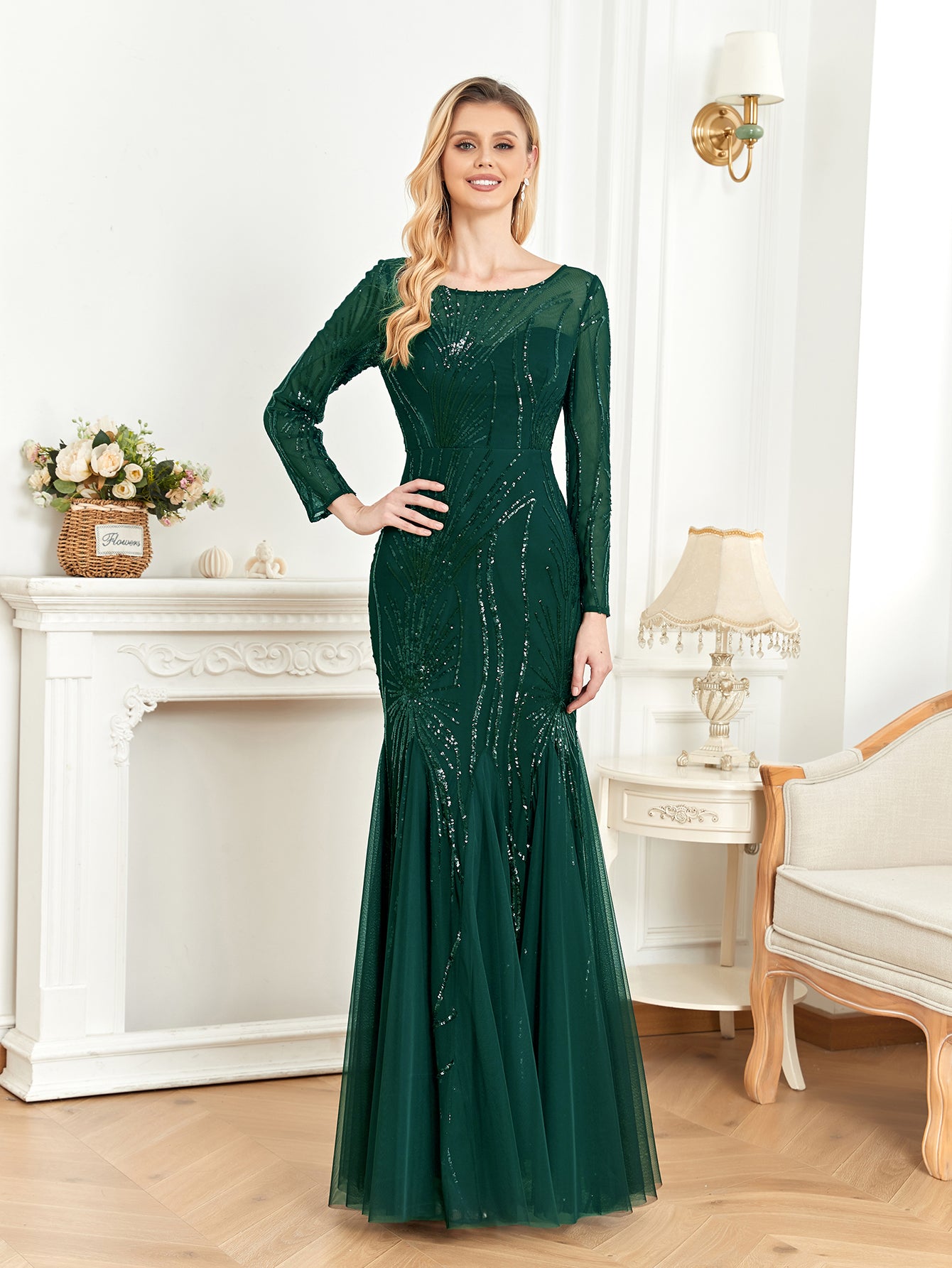 XUIBOL | Contrast Sequin Mesh Hem Party Dress