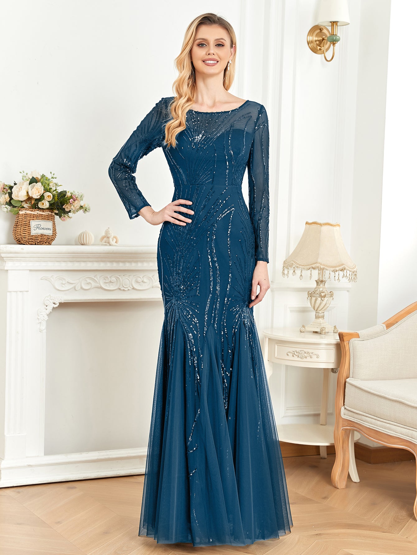 XUIBOL | Contrast Sequin Mesh Hem Party Dress