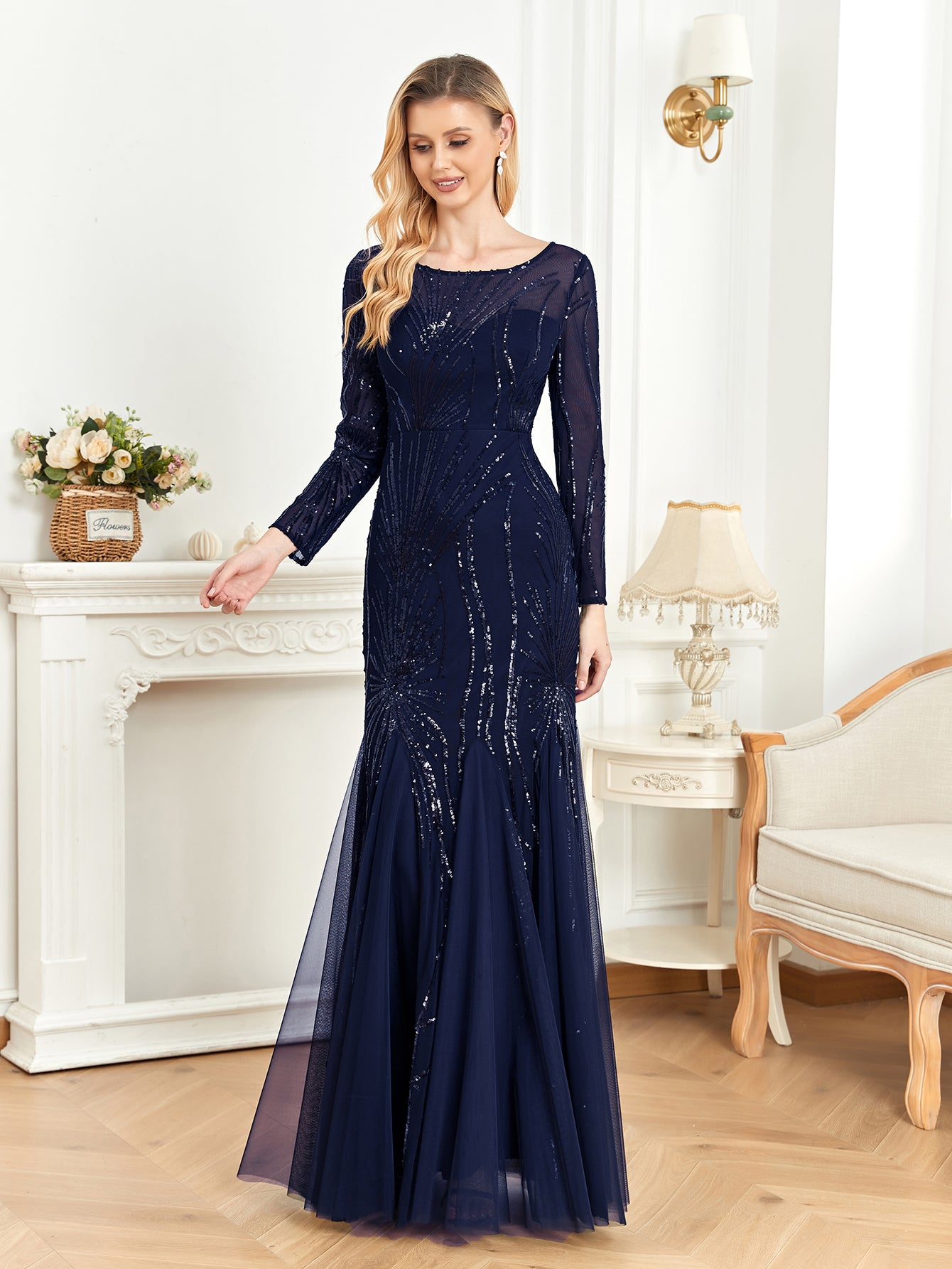 XUIBOL | Contrast Sequin Mesh Hem Party Dress