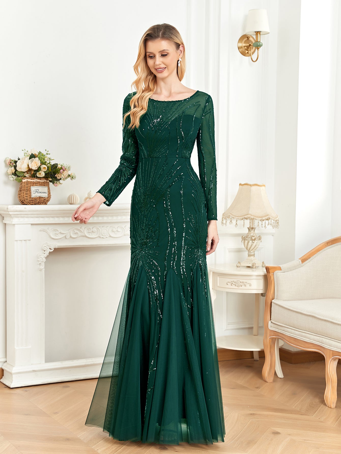 XUIBOL | Contrast Sequin Mesh Hem Party Dress