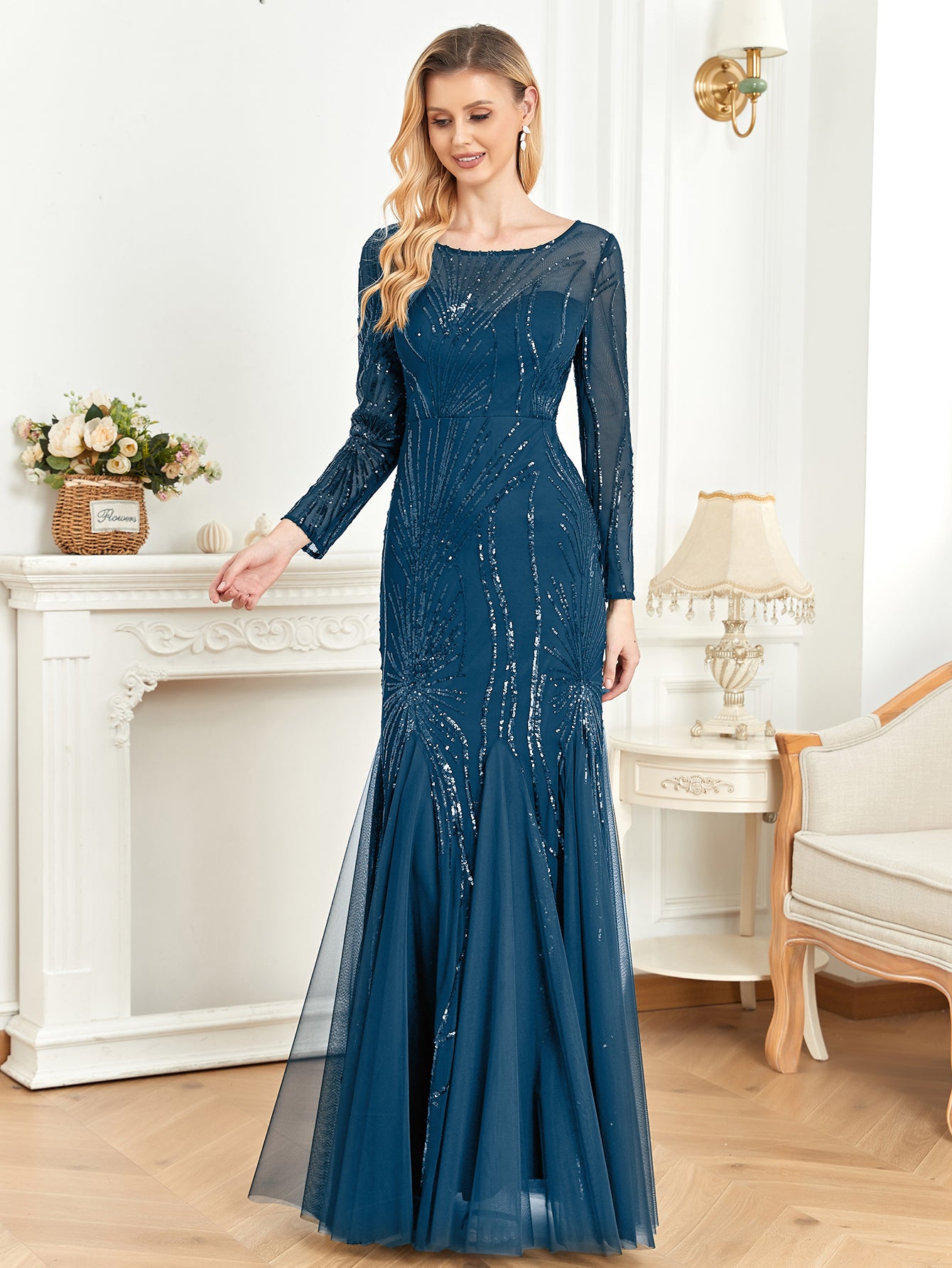 XUIBOL | Contrast Sequin Mesh Hem Party Dress