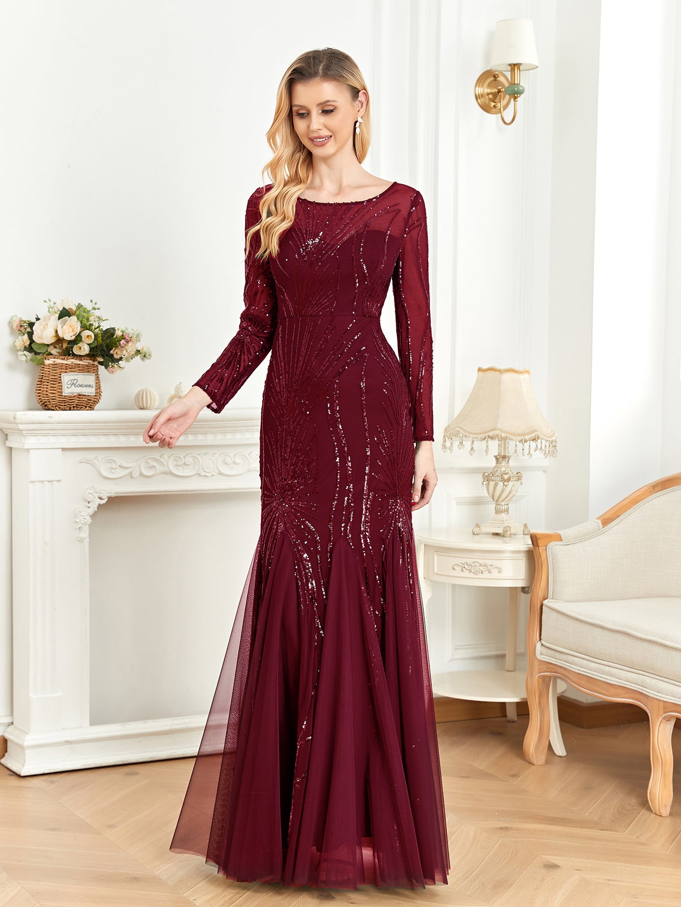 XUIBOL | Contrast Sequin Mesh Hem Party Dress