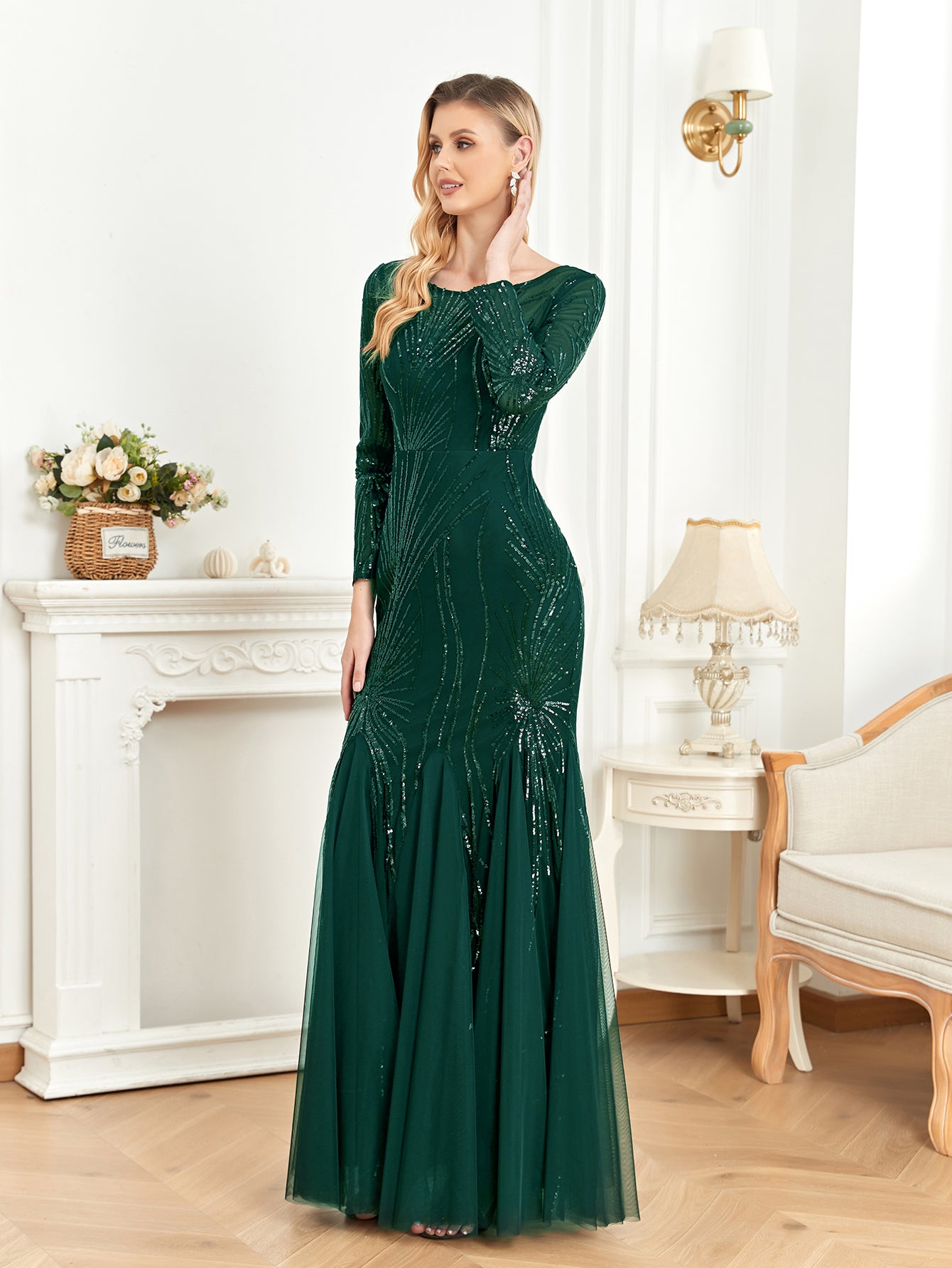 XUIBOL | Contrast Sequin Mesh Hem Party Dress