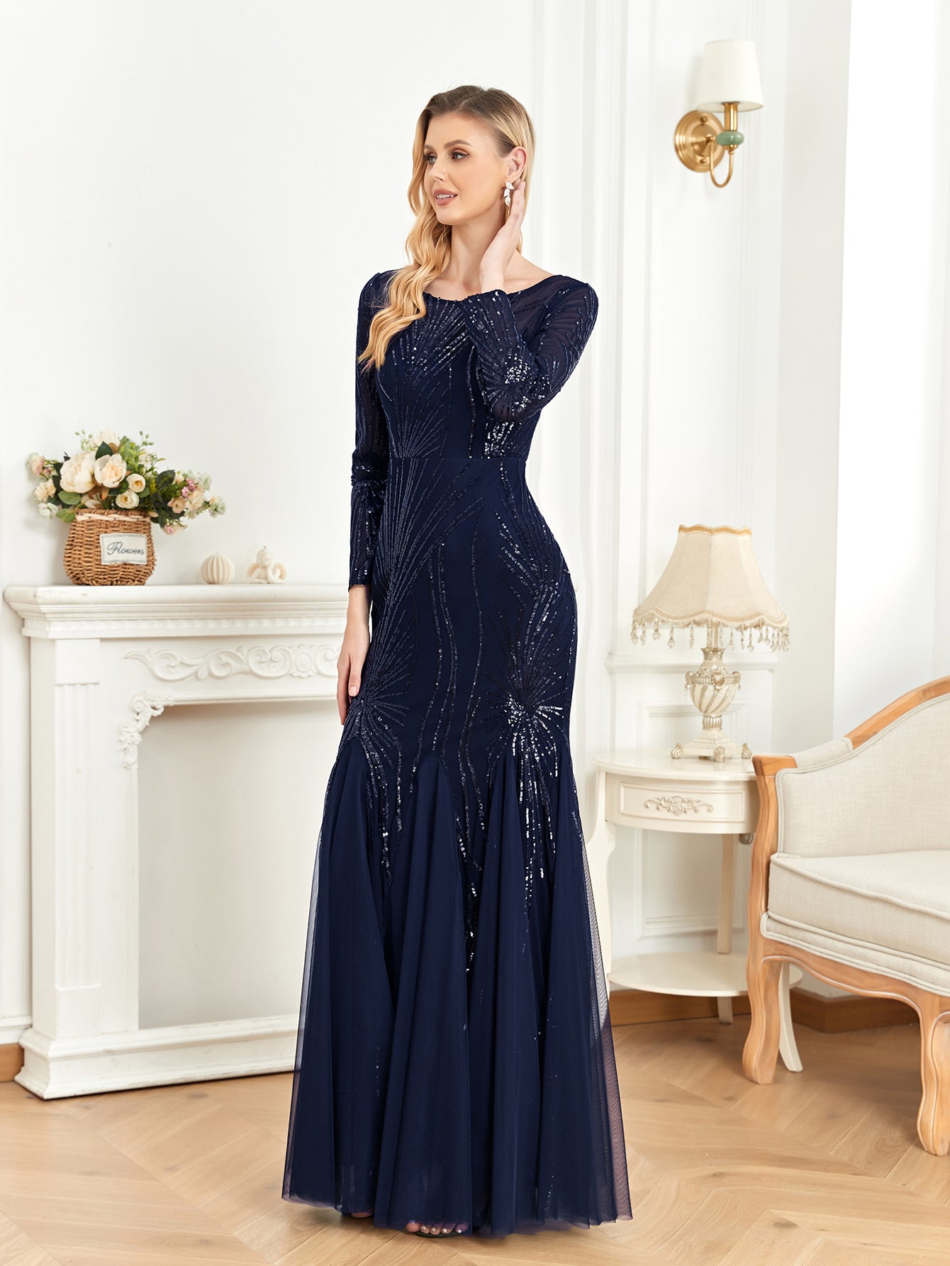 XUIBOL | Contrast Sequin Mesh Hem Party Dress