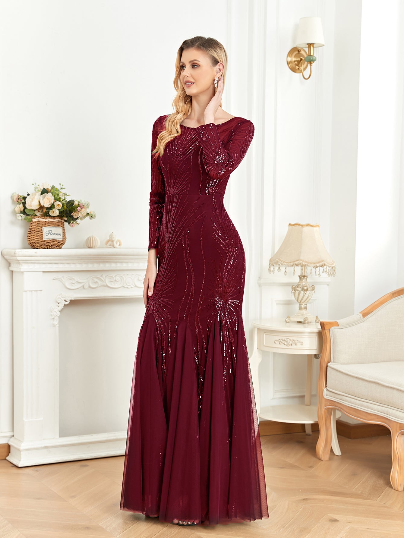 XUIBOL | Contrast Sequin Mesh Hem Party Dress