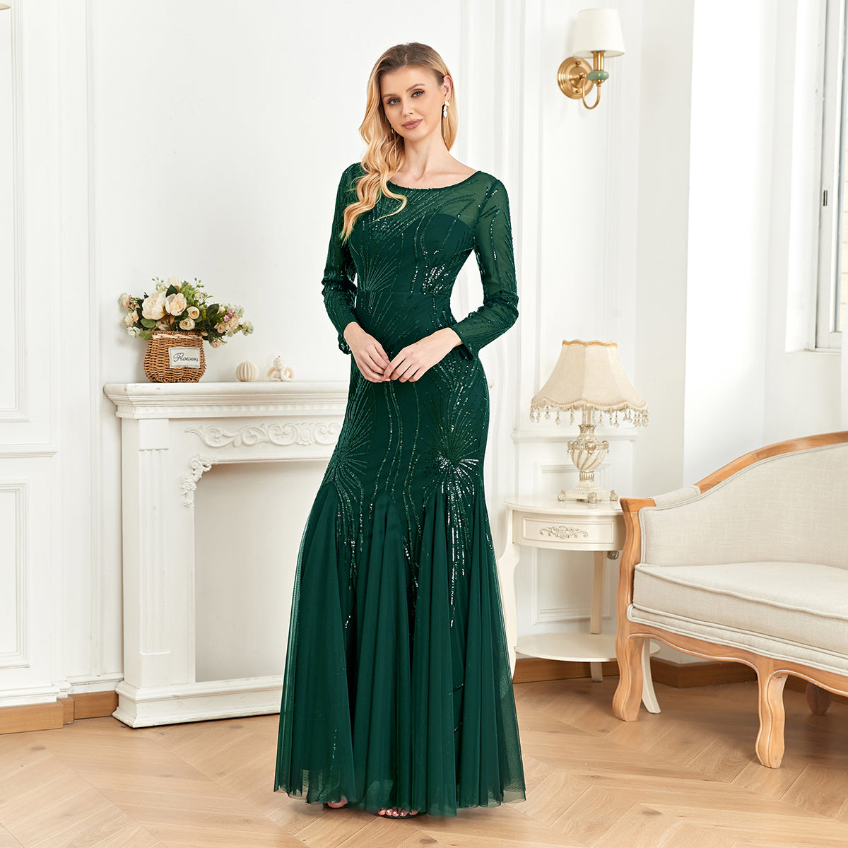 XUIBOL | Contrast Sequin Mesh Hem Party Dress