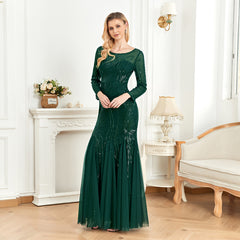 Elegant O Neck Black Sequins Evening Dress