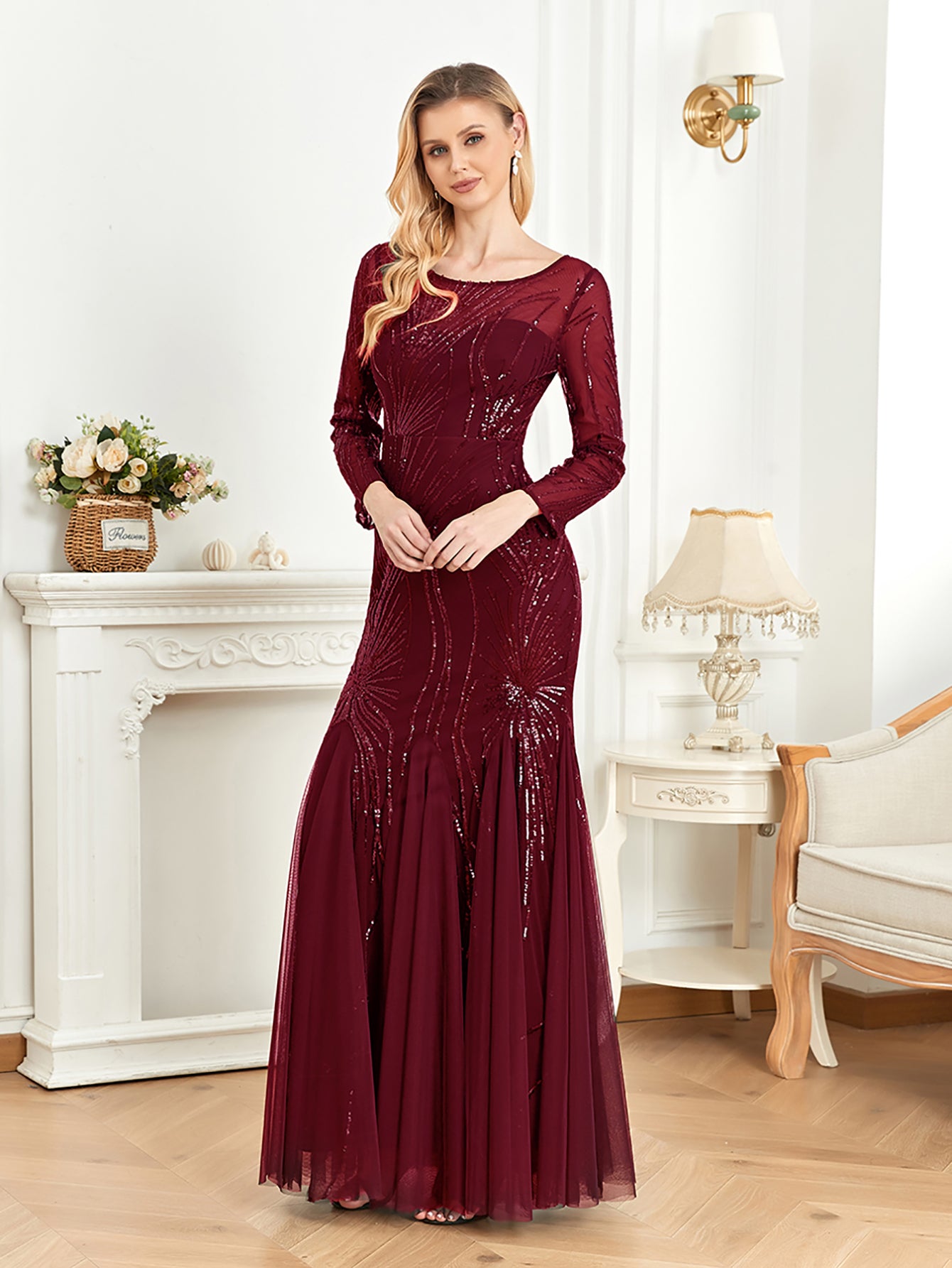 XUIBOL | Contrast Sequin Mesh Hem Party Dress