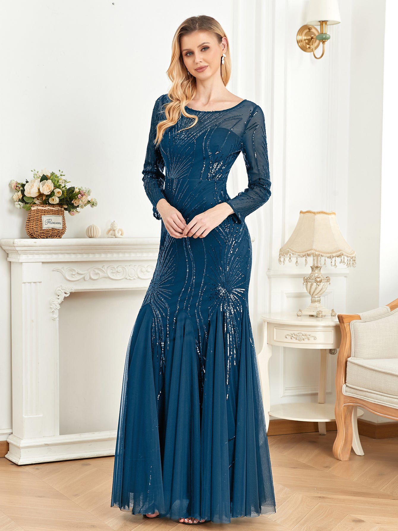 XUIBOL | Contrast Sequin Mesh Hem Party Dress