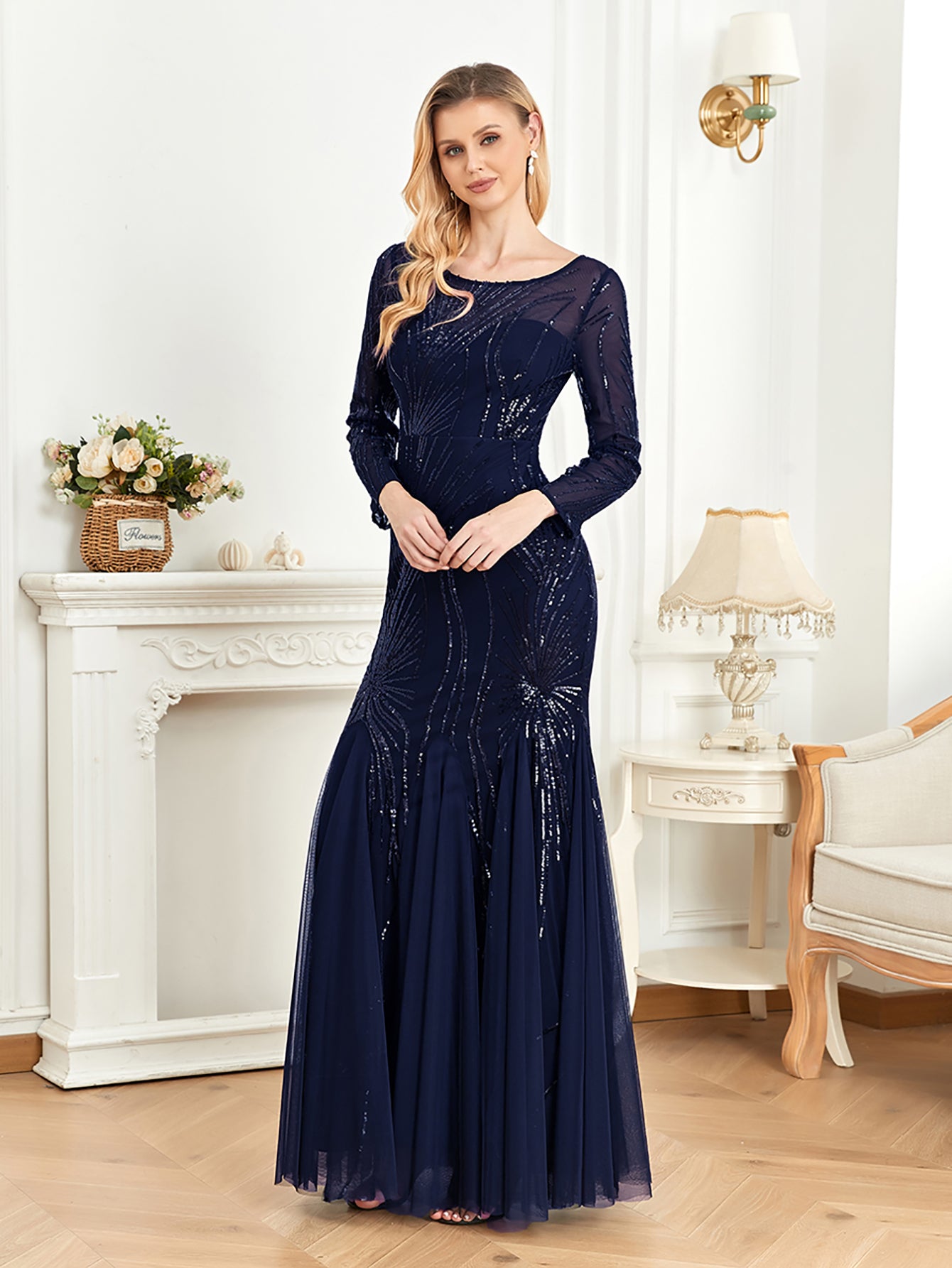 XUIBOL | Contrast Sequin Mesh Hem Party Dress