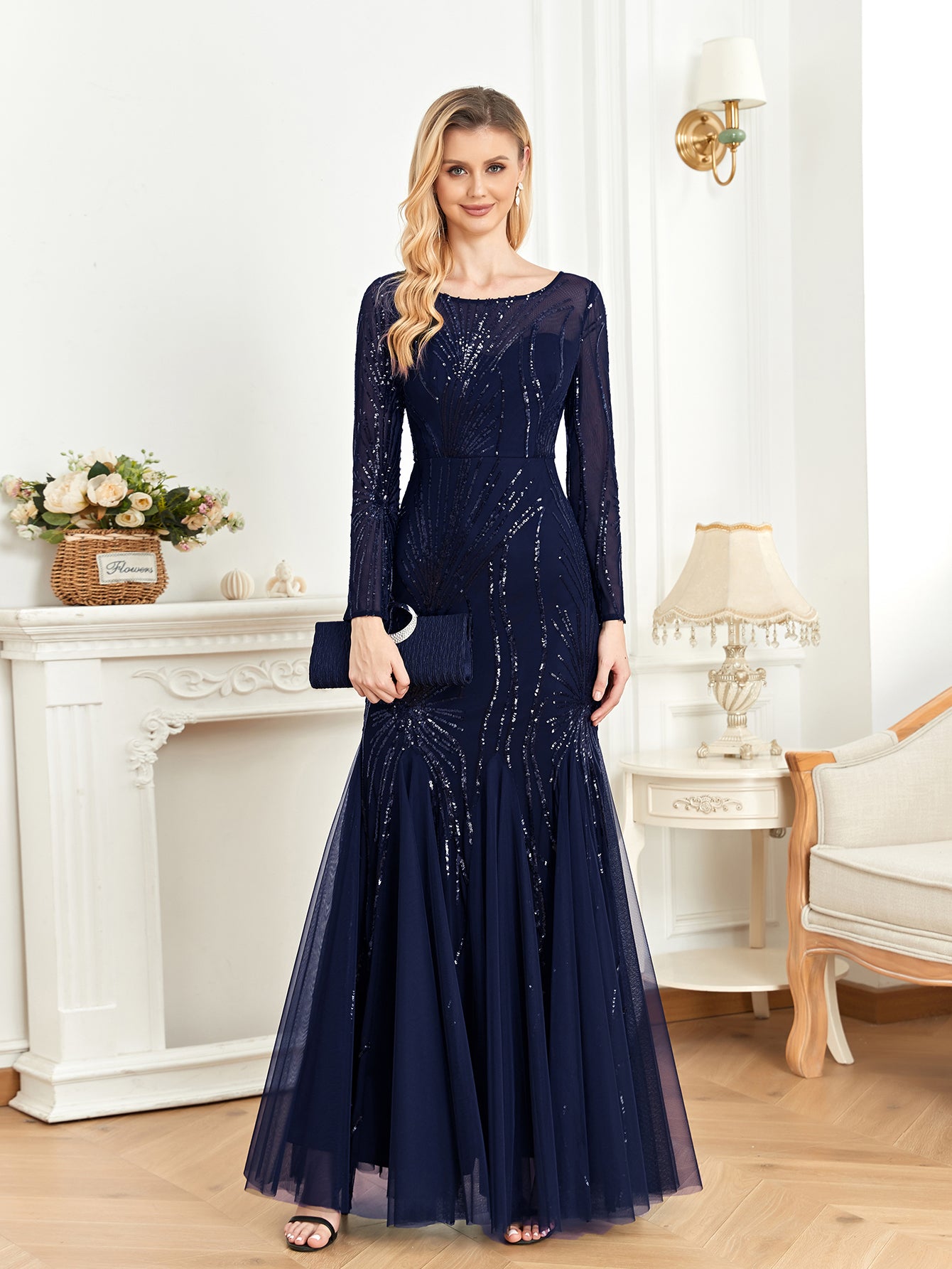 XUIBOL | Contrast Sequin Mesh Hem Party Dress