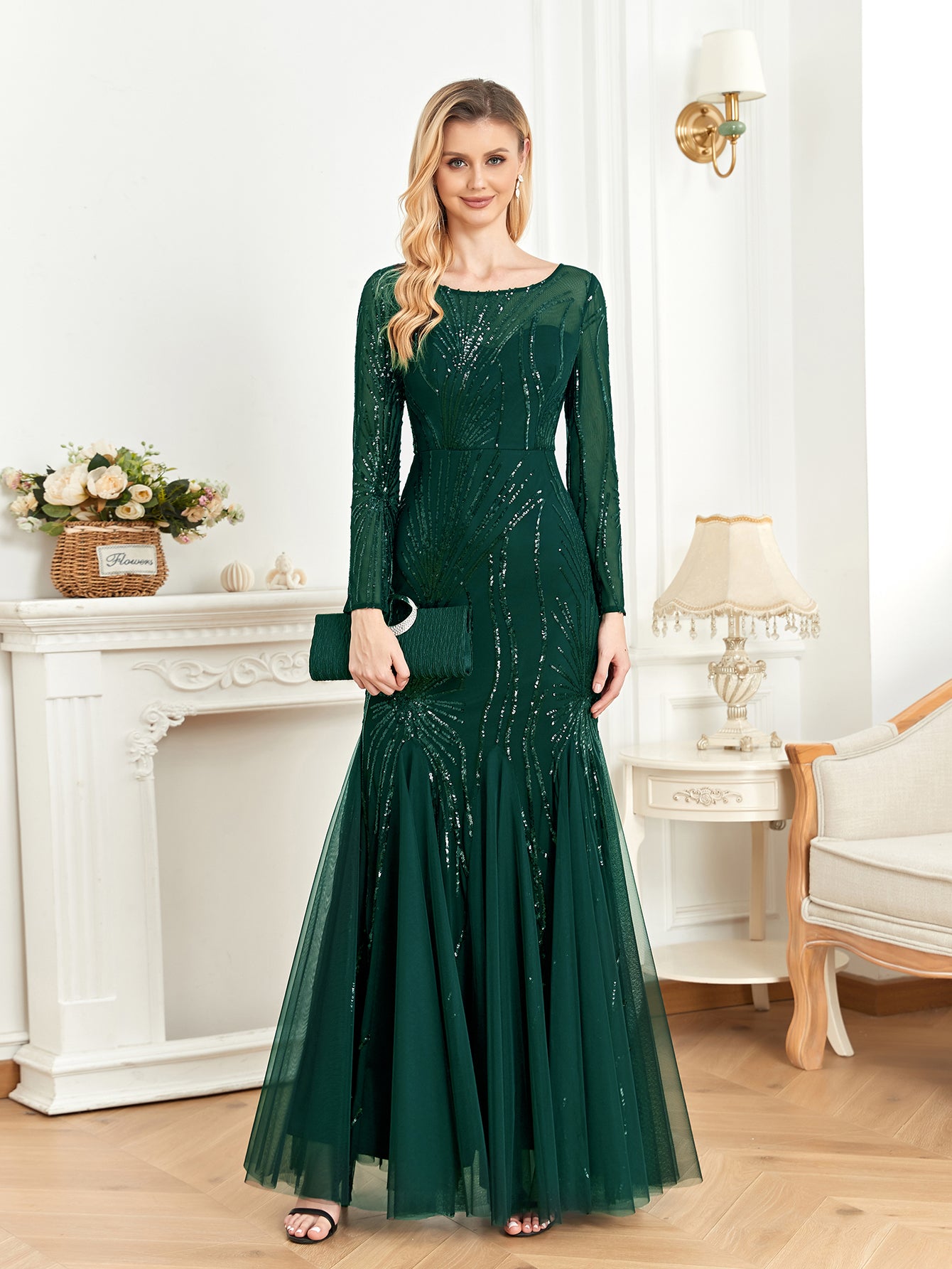 XUIBOL | Contrast Sequin Mesh Hem Party Dress