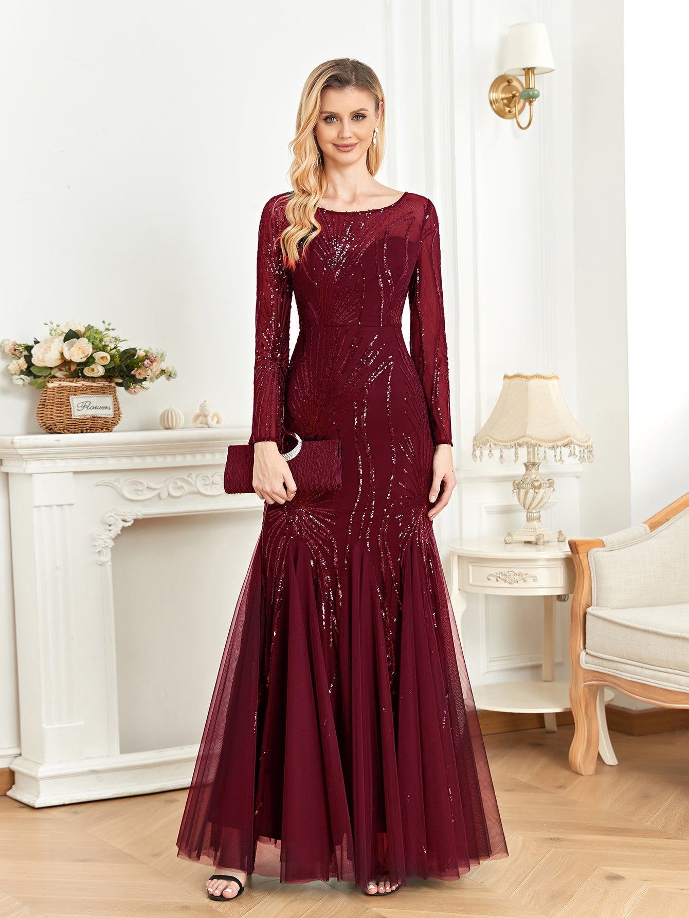 XUIBOL | Contrast Sequin Mesh Hem Party Dress