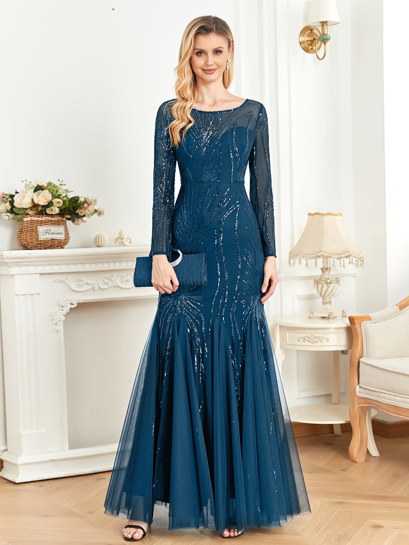 XUIBOL | Contrast Sequin Mesh Hem Party Dress
