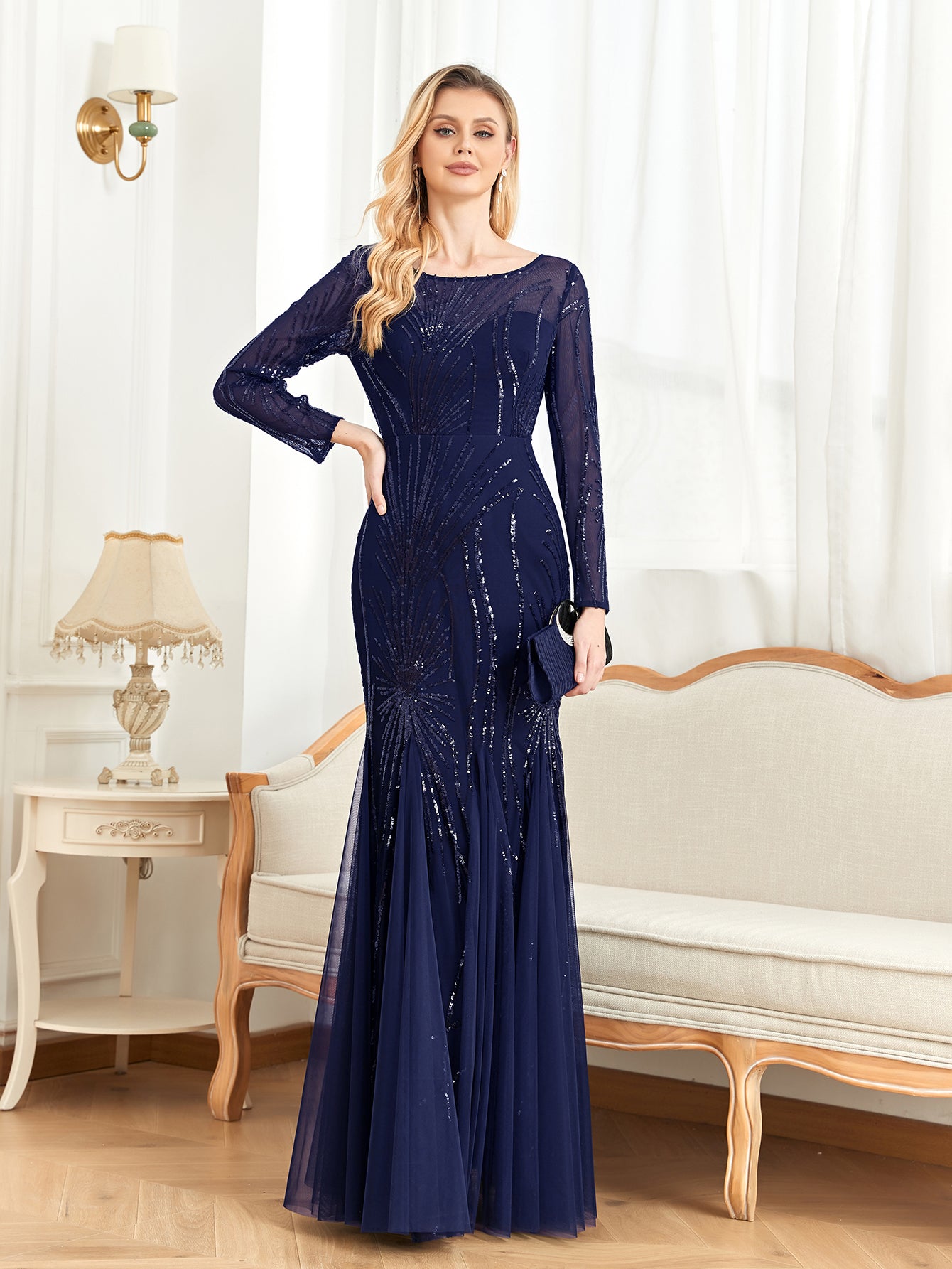 XUIBOL | Contrast Sequin Mesh Hem Party Dress