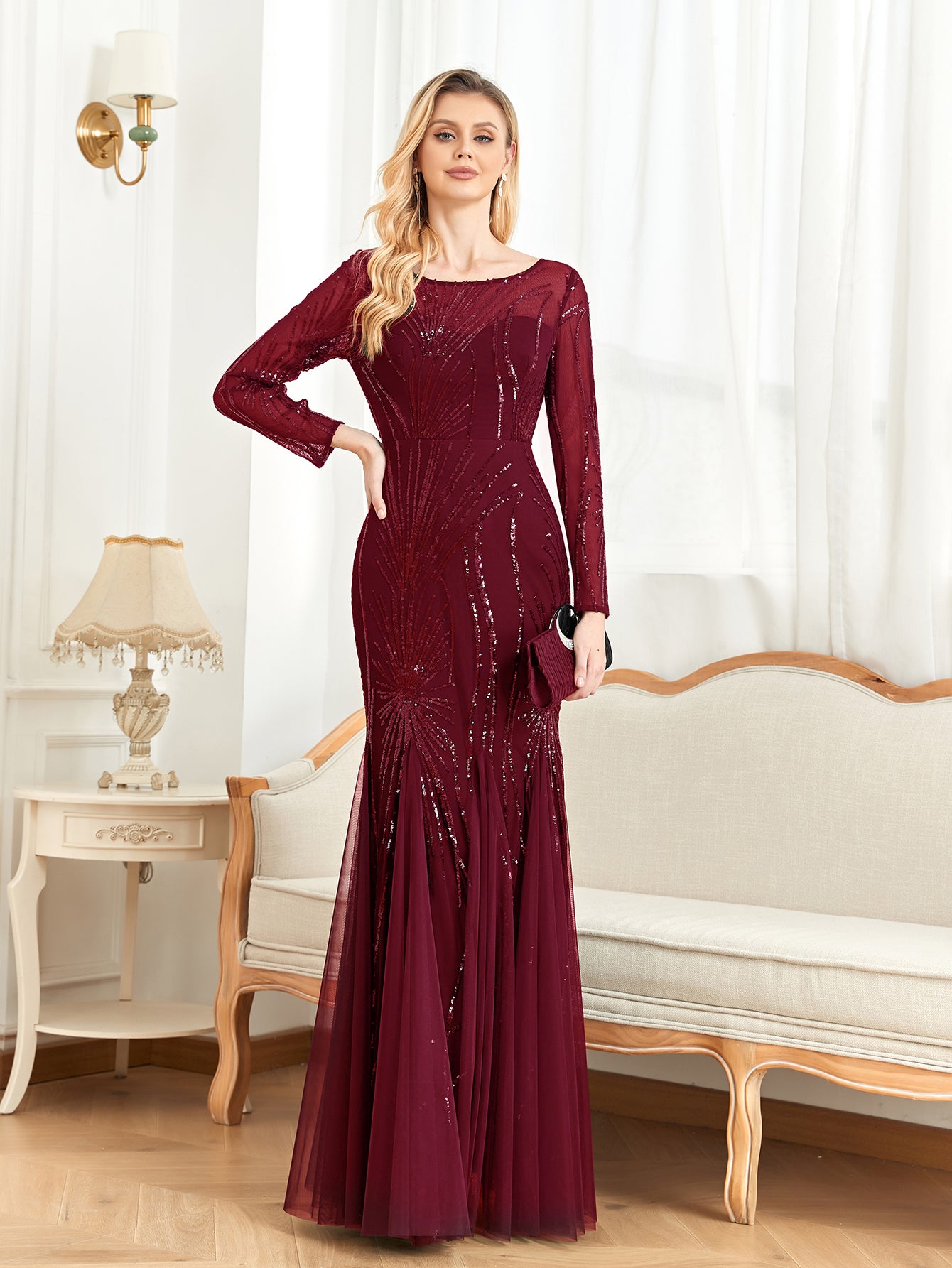 XUIBOL | Contrast Sequin Mesh Hem Party Dress
