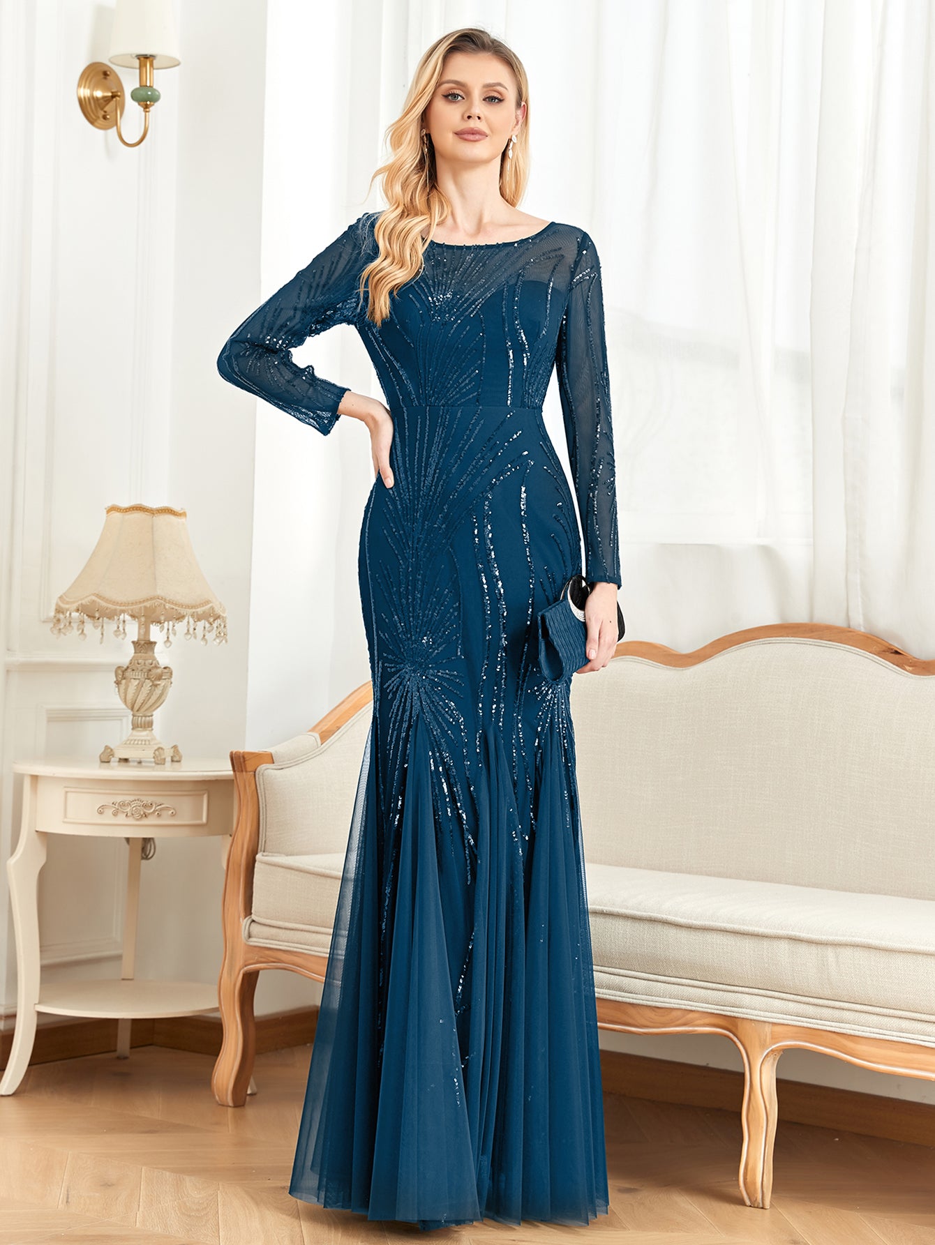 XUIBOL | Contrast Sequin Mesh Hem Party Dress