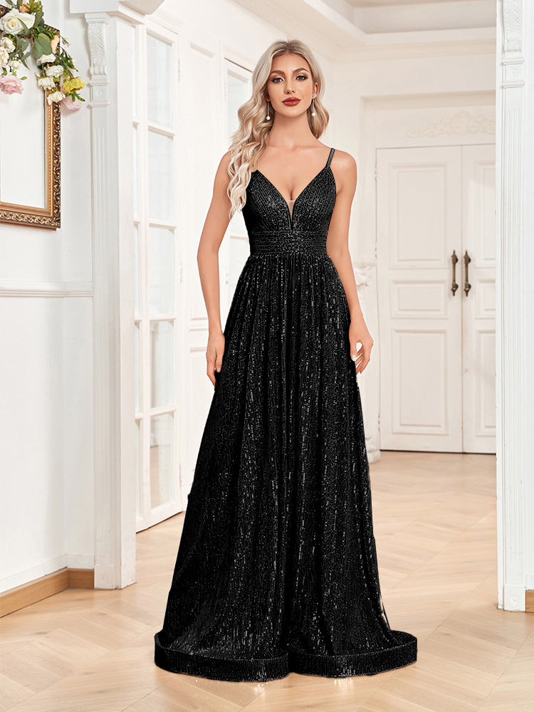 XUIBOL | a-line spaghetti strap sequin prom gown