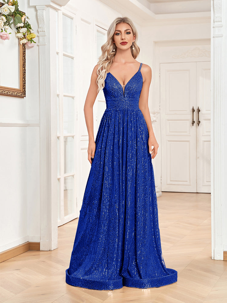 XUIBOL | a-line spaghetti strap sequin prom gown