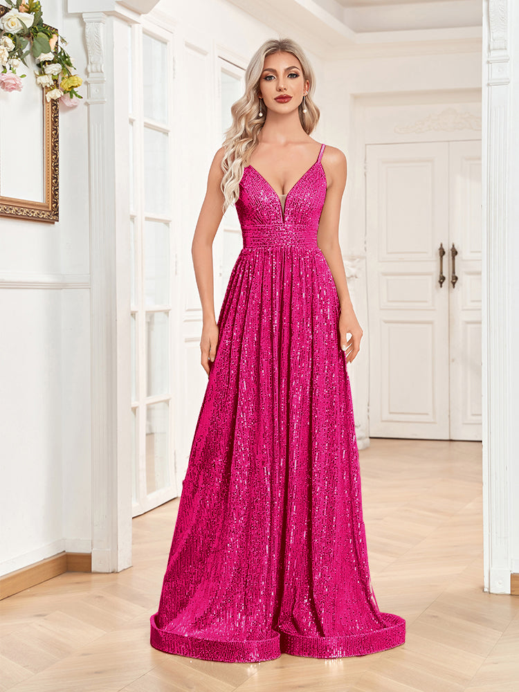 XUIBOL | a-line spaghetti strap sequin prom gown