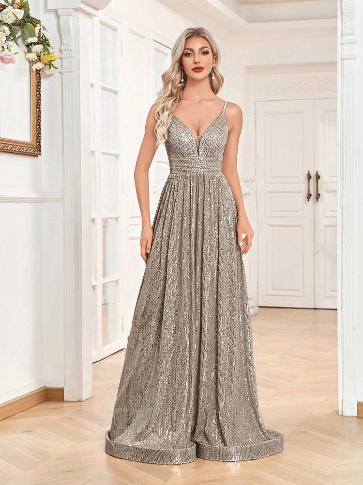 XUIBOL | a-line spaghetti strap sequin prom gown