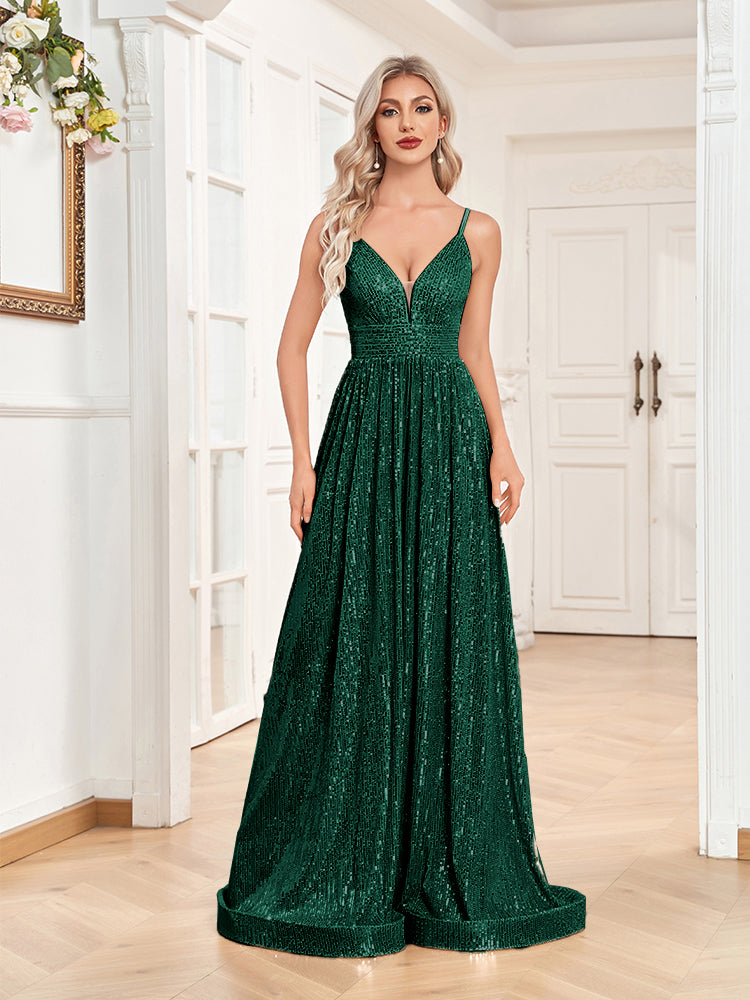 XUIBOL | a-line spaghetti strap sequin prom gown
