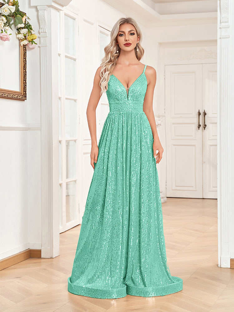 XUIBOL | a-line spaghetti strap sequin prom gown